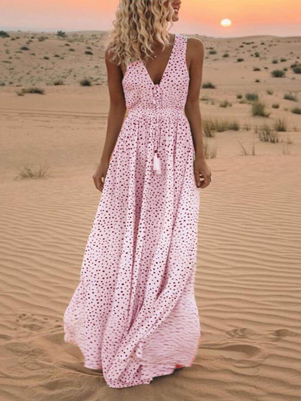 Robe longue bohème à pois et col en V sans manches