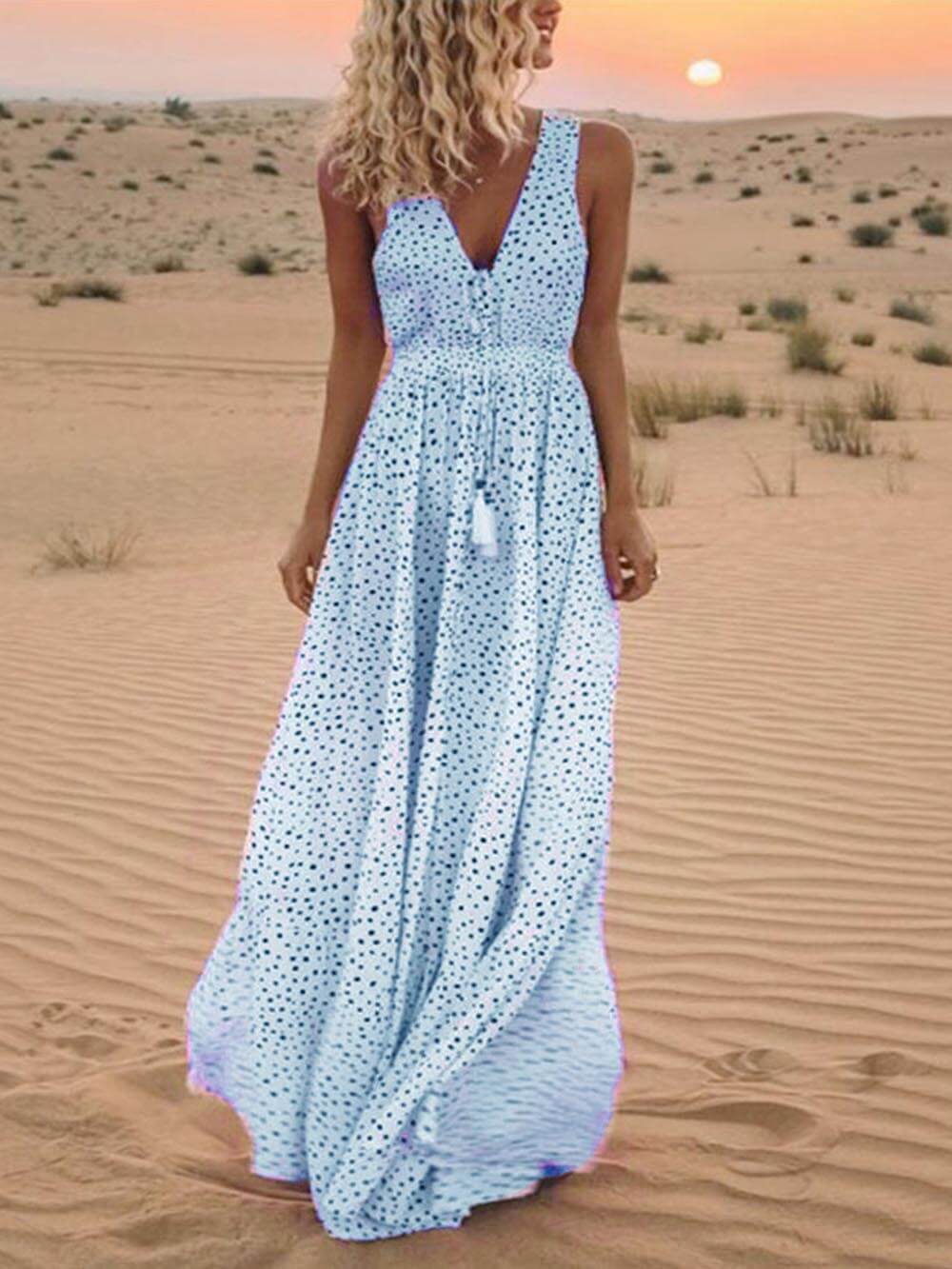 Robe longue bohème à pois et col en V sans manches