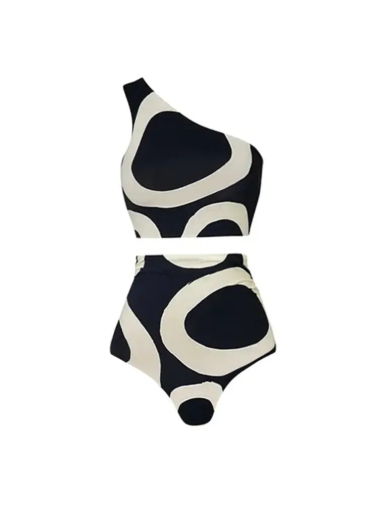 One-Shoulder Colorblock High-Waist Bikini Set