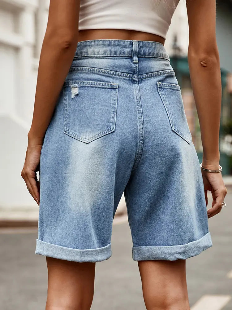Bermuda en denim à revers vieilli