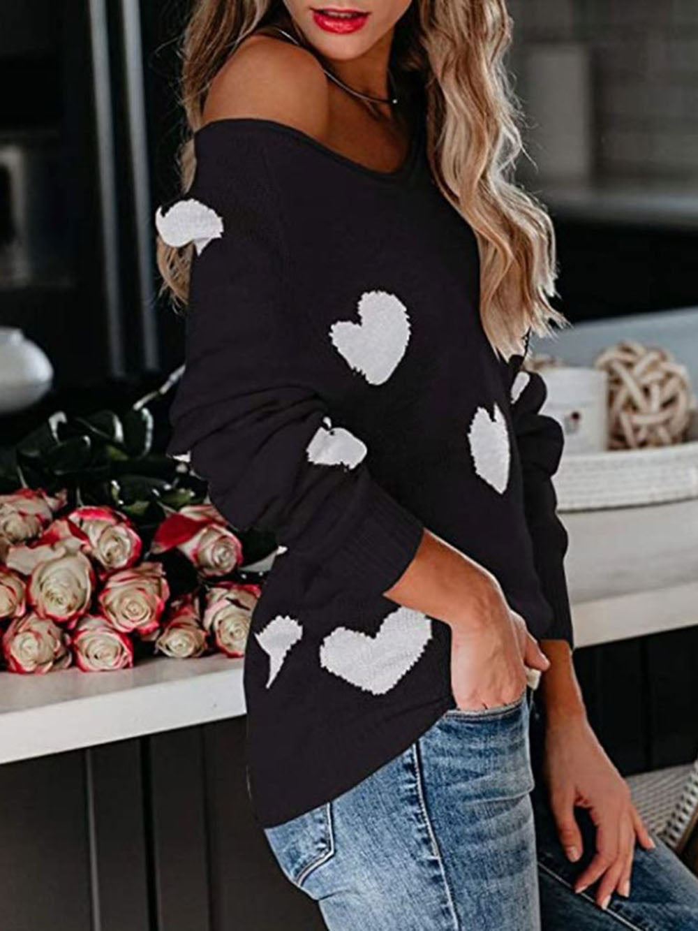 Pull en tricot à col en V pour la Saint-Valentin