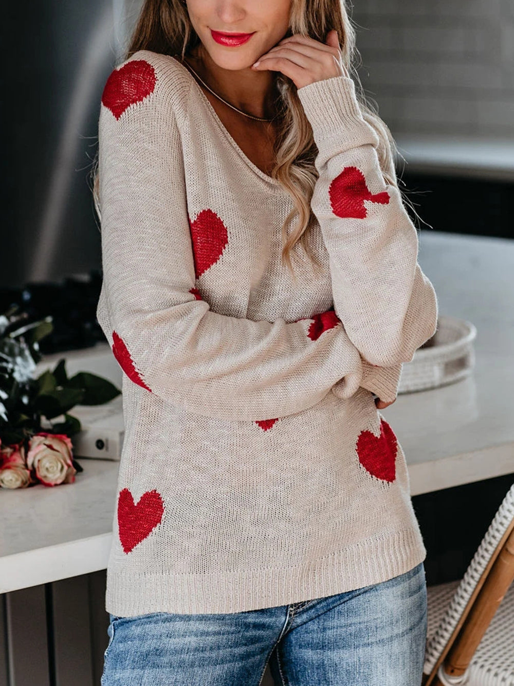 Pull en tricot à col en V pour la Saint-Valentin