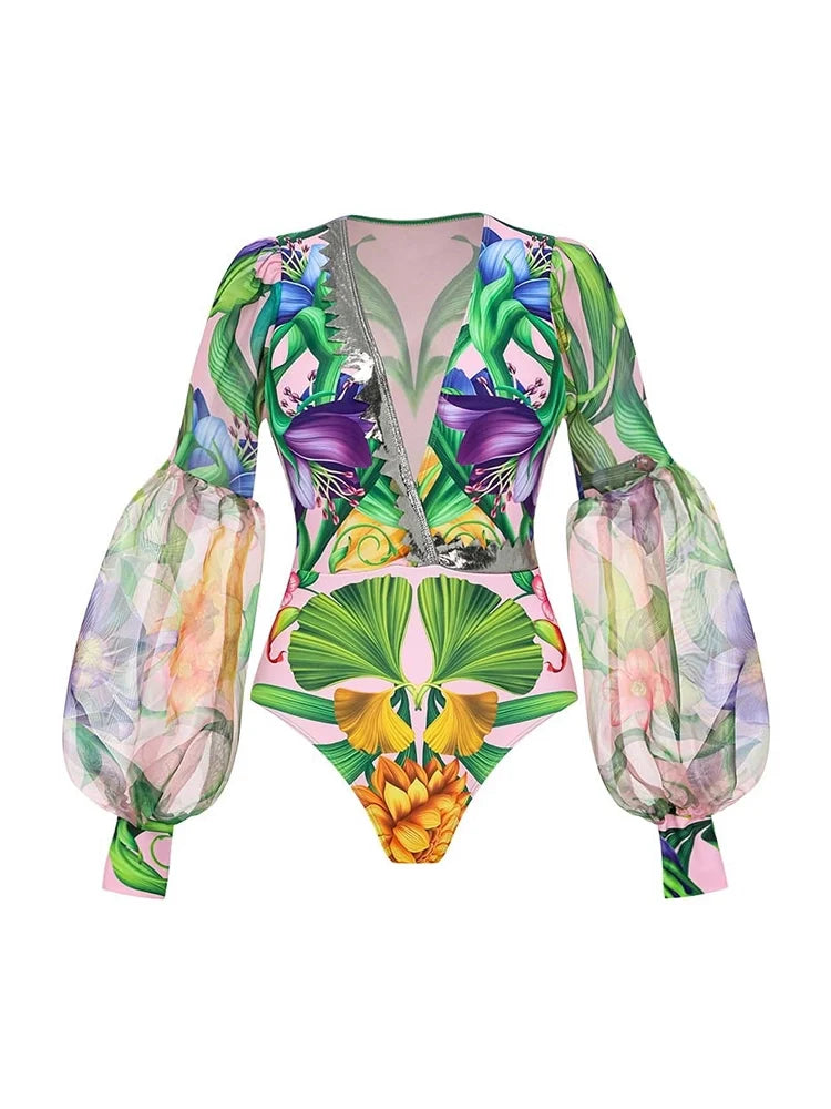 Maillot de bain imprimé à manches lanternes et décolleté en V profond