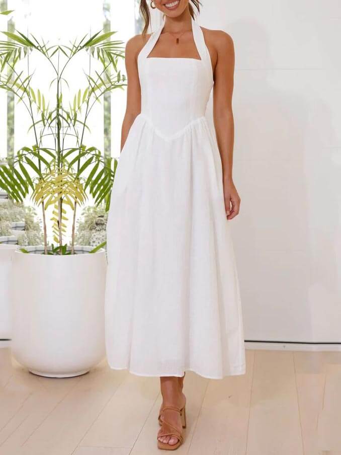 Robe mi-longue noire à col licou et taille basse