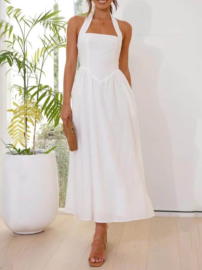Robe mi-longue noire à col licou et taille basse