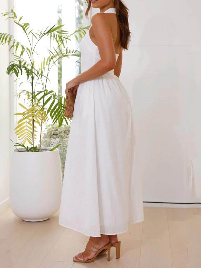 Robe mi-longue noire à col licou et taille basse