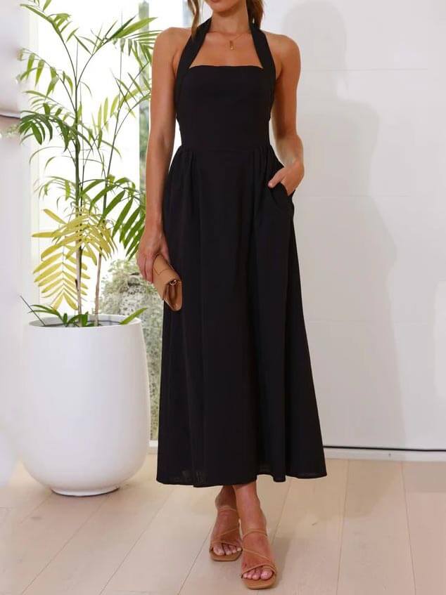 Robe mi-longue noire à col licou et taille basse