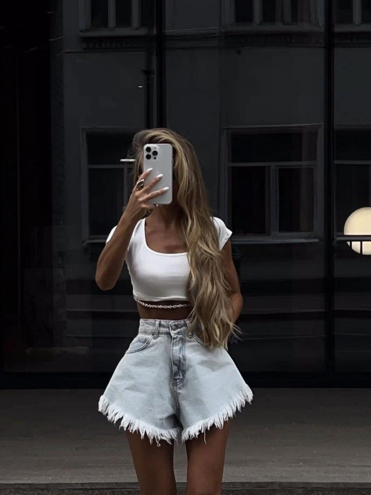 High-Waist A-Line Denim Shorts