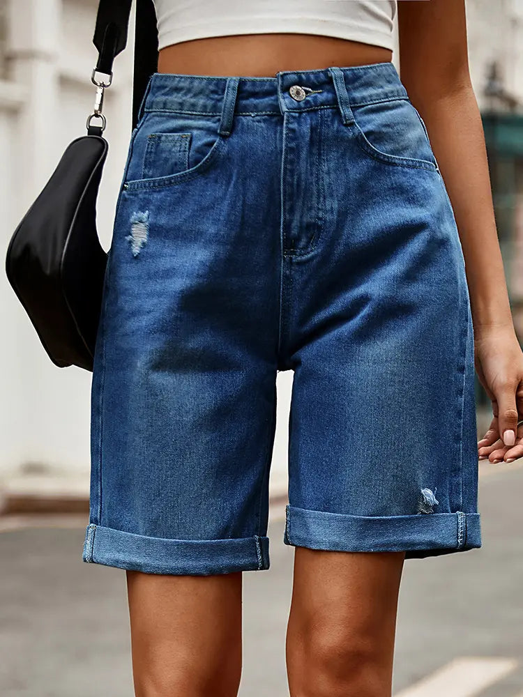 Bermuda en denim à revers vieilli