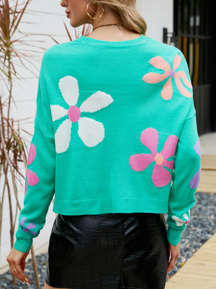 Pull ample à col rond et motif floral