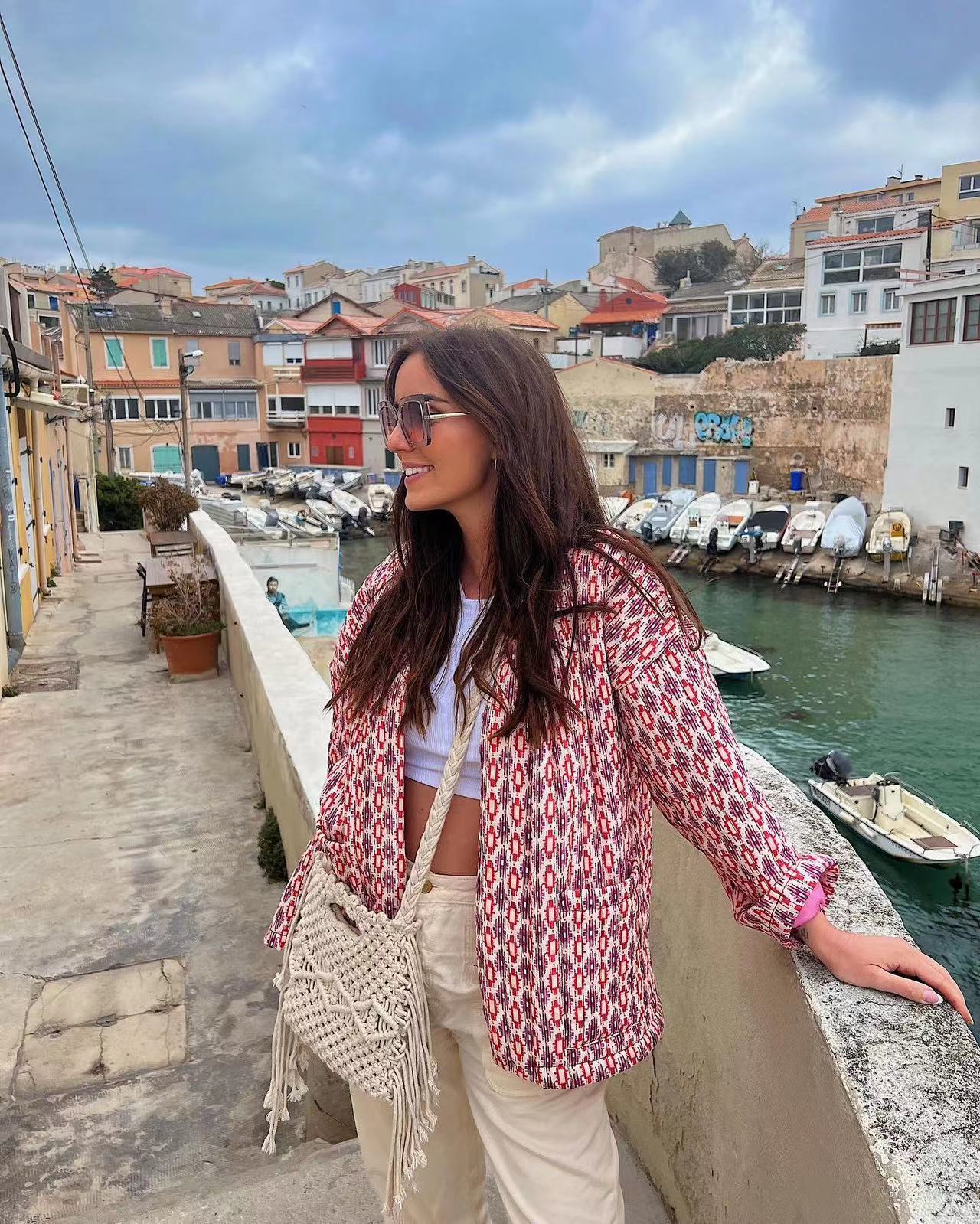 Veste matelassée à poches et imprimé floral à motifs géométriques