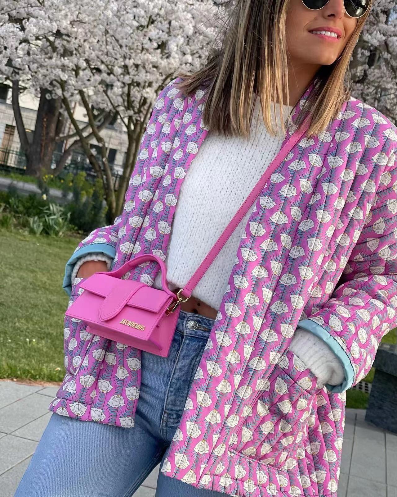 Veste matelassée à poches et imprimé floral à motifs géométriques