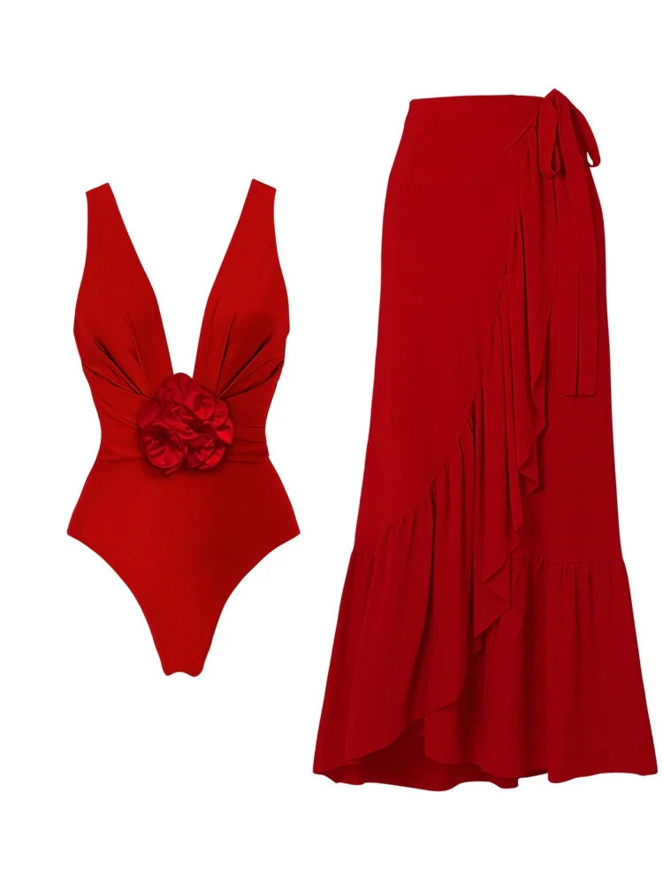 Maillot une-pièce à col en V avec détails floraux 3D amovibles