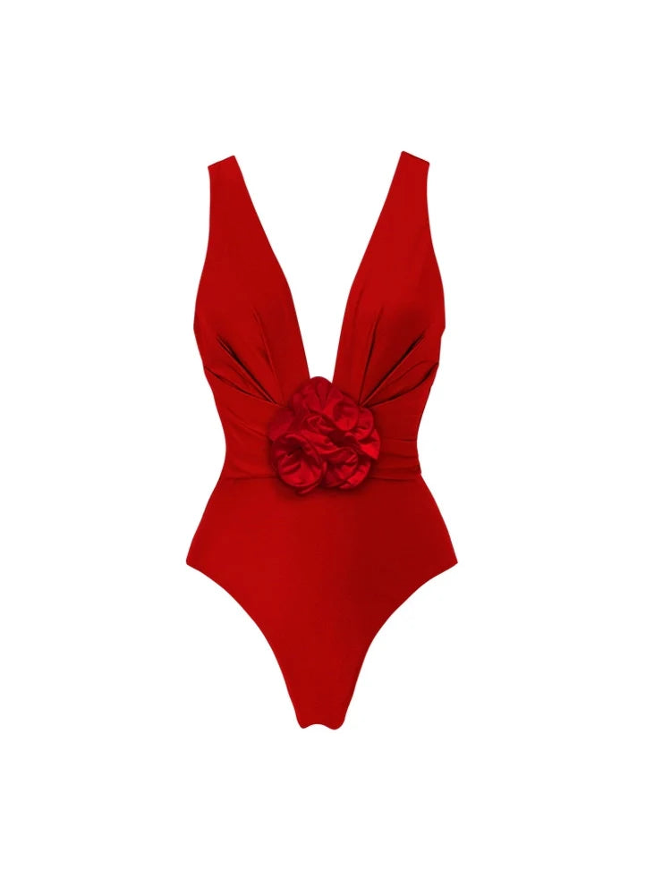 Maillot une-pièce à col en V avec détails floraux 3D amovibles