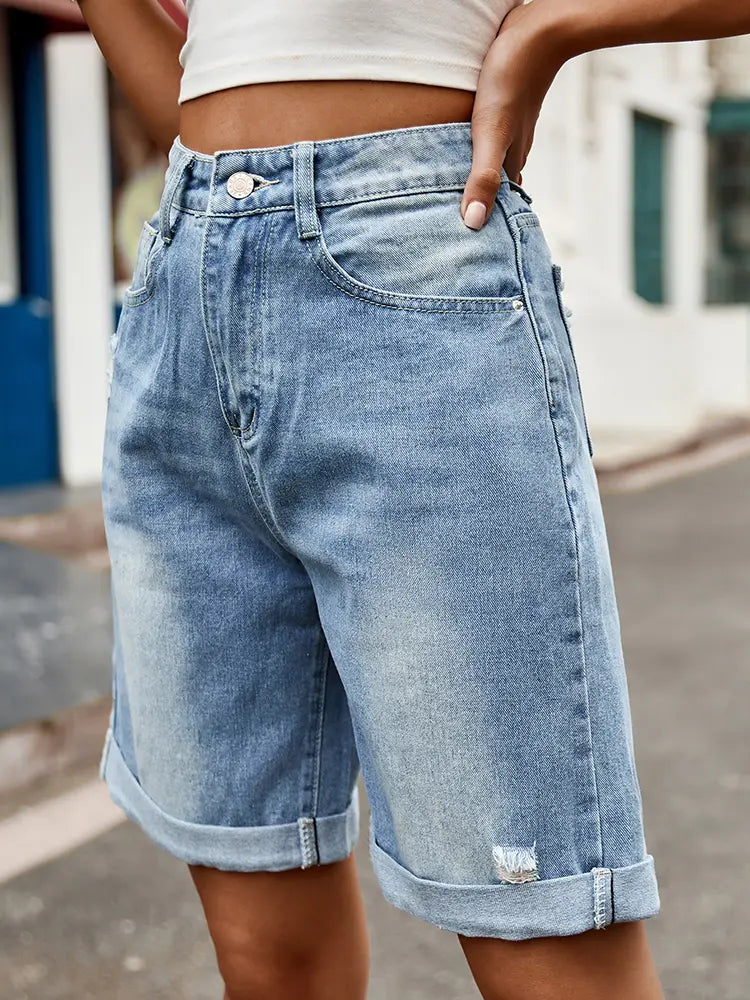 Bermuda en denim à revers vieilli