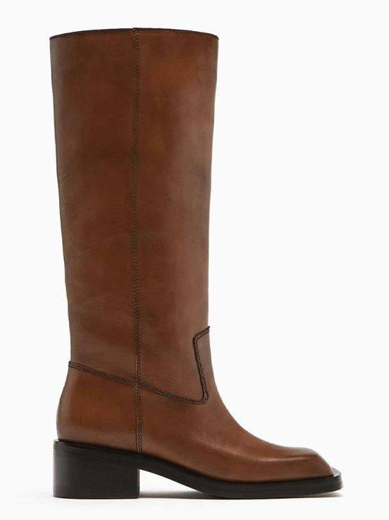 Bottes plates à bout carré pour femmes, bottes longues à talons épais rétro