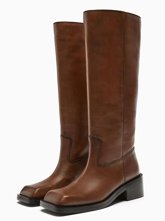 Bottes plates à bout carré pour femmes, bottes longues à talons épais rétro