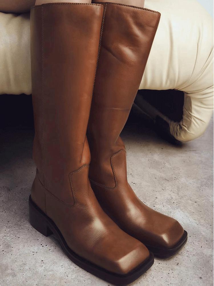 Bottes plates à bout carré pour femmes, bottes longues à talons épais rétro