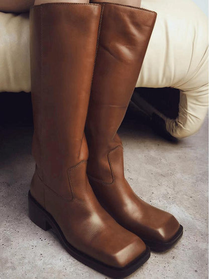 Bottes plates à bout carré pour femmes, bottes longues à talons épais rétro