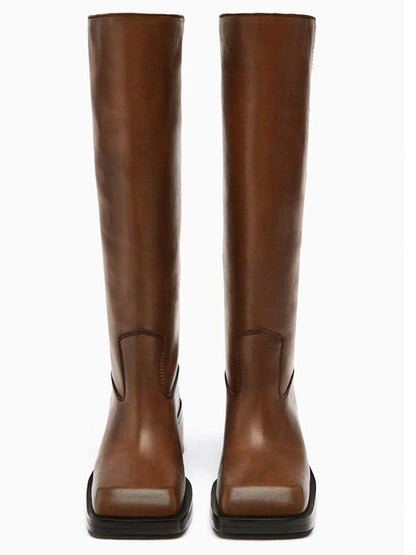 Bottes plates à bout carré pour femmes, bottes longues à talons épais rétro