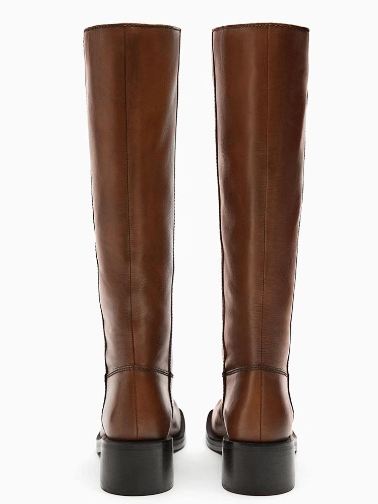 Bottes plates à bout carré pour femmes, bottes longues à talons épais rétro