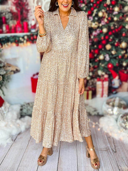 Long Sleeve V Neck Sequin Maxi Dress