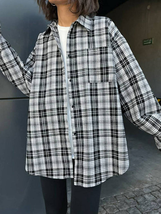 Chemisiers à carreaux décontractés, hauts à poches en polyester