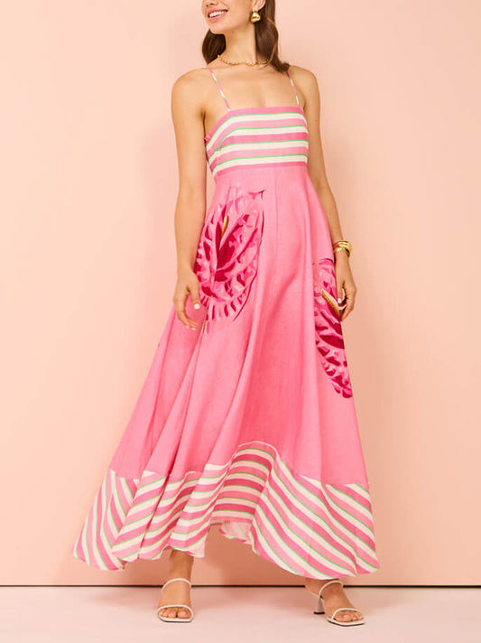 Robe Mixi à bretelles, à panneaux et à rayures, à imprimé floral