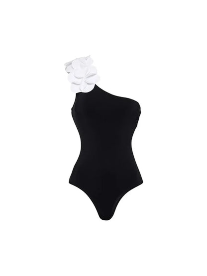 3D Floral One-Shoulder Black Swimsuit