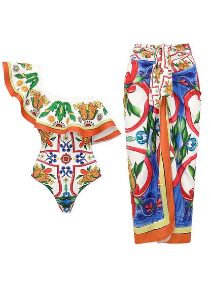Ruffle Enamel Floral Bikini Swimsuit Set