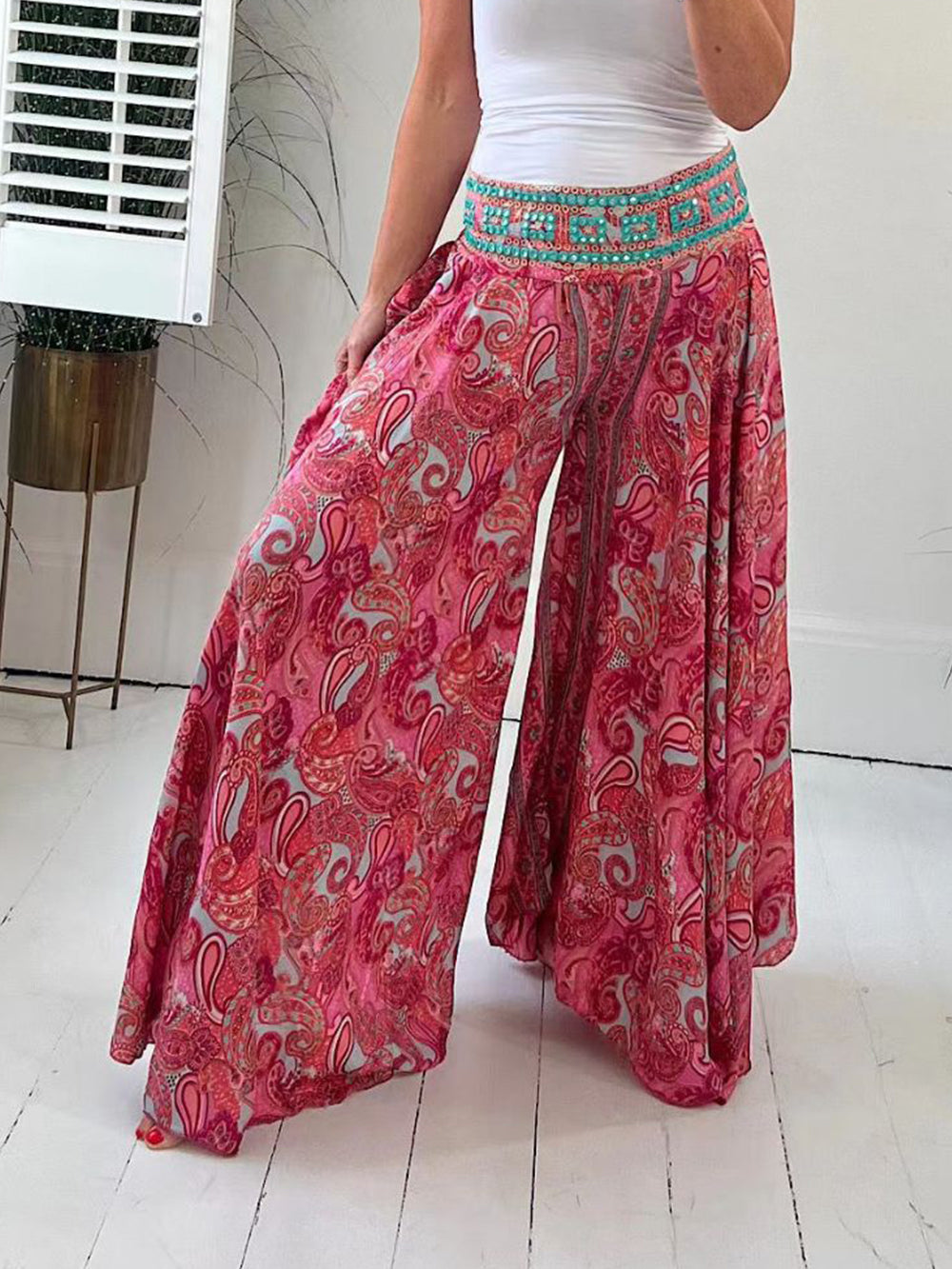 Pantalon évasé à imprimé cachemire ethnique