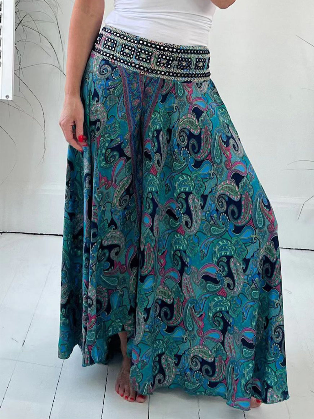 Pantalon évasé à imprimé cachemire ethnique