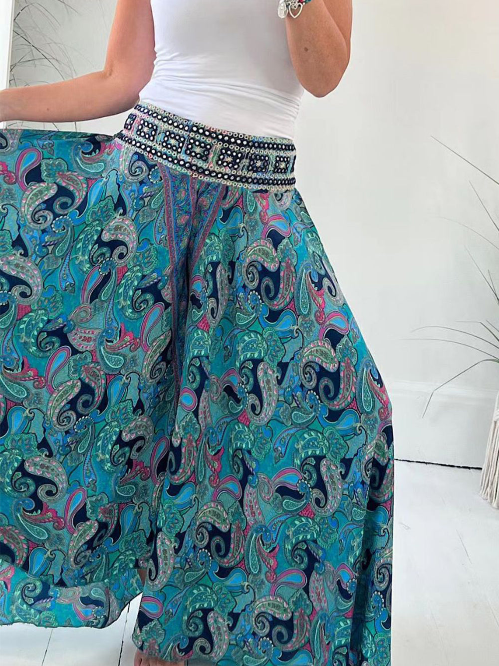 Pantalon évasé à imprimé cachemire ethnique