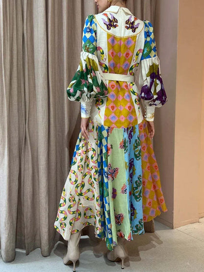 Robe longue irrégulière à manches ballon et motif graffiti tendance