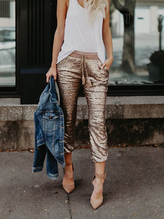 Pantalon à paillettes avec taille élastique et lien à nouer 