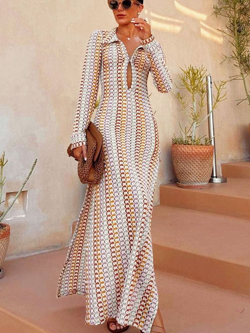 Robe longue bohème à col en V, fendue, à rayures ondulées, en crochet, pour la plage et les vacances - Marron