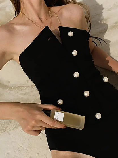 Chic Pearl Button Strapless Swimsuit