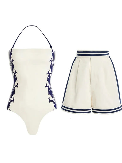 Navy Style One-Piece Swimsuit Set