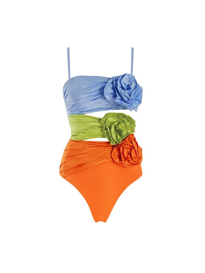 Ensemble à bretelles spaghetti et à découpes florales colorblock