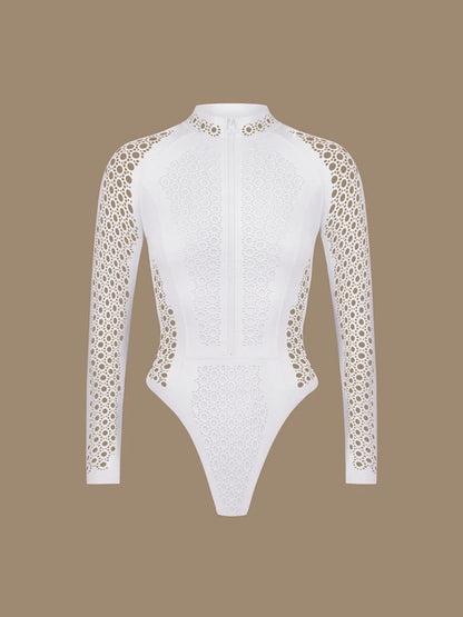 White Mesh Zipper Rash Guard Swimsuit