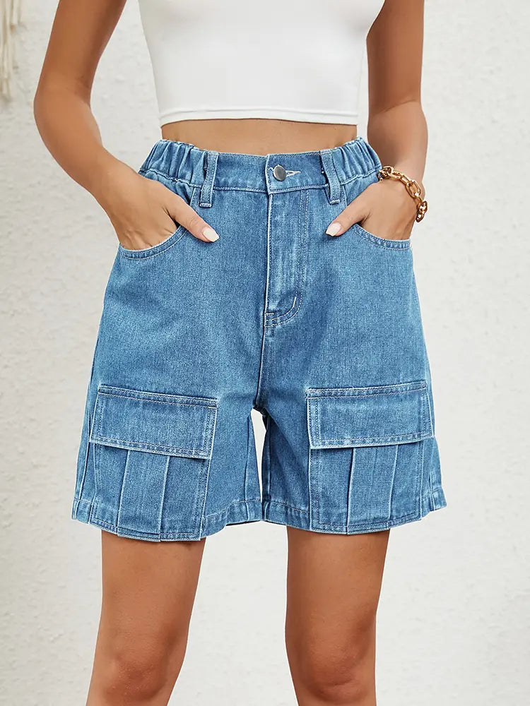 Short en jean utilitaire élastique délavé