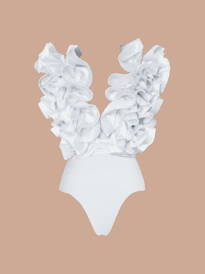 White V-Neck Ruffle Swimsuit