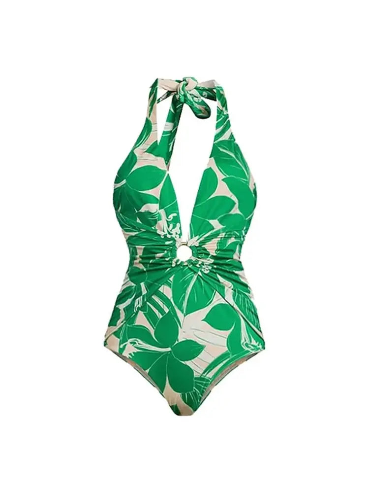 Maillot de bain une pièce vert à décolleté en V profond et dos nu