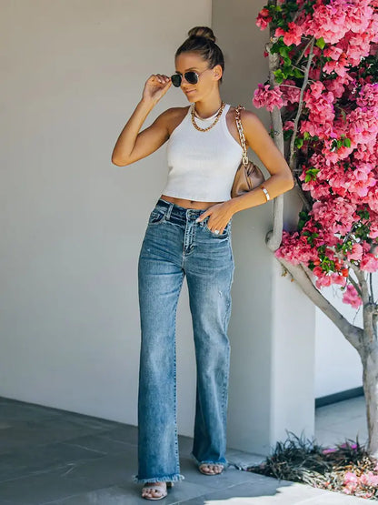 Frayed Washed Mid-Rise Slim Jeans