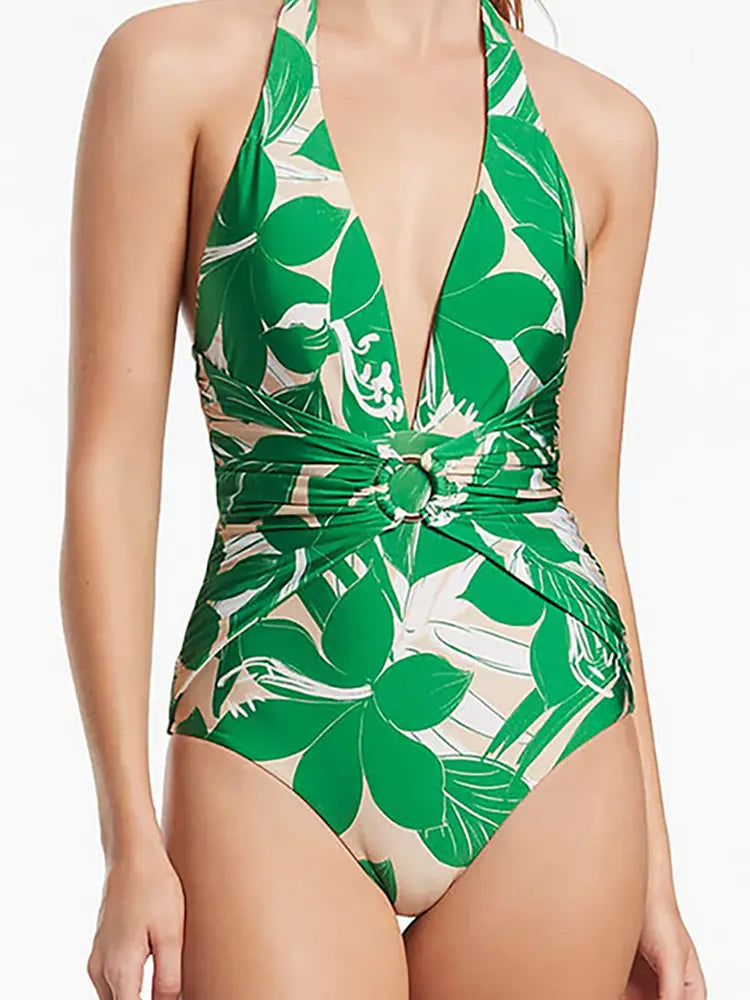Maillot de bain une pièce vert à décolleté en V profond et dos nu