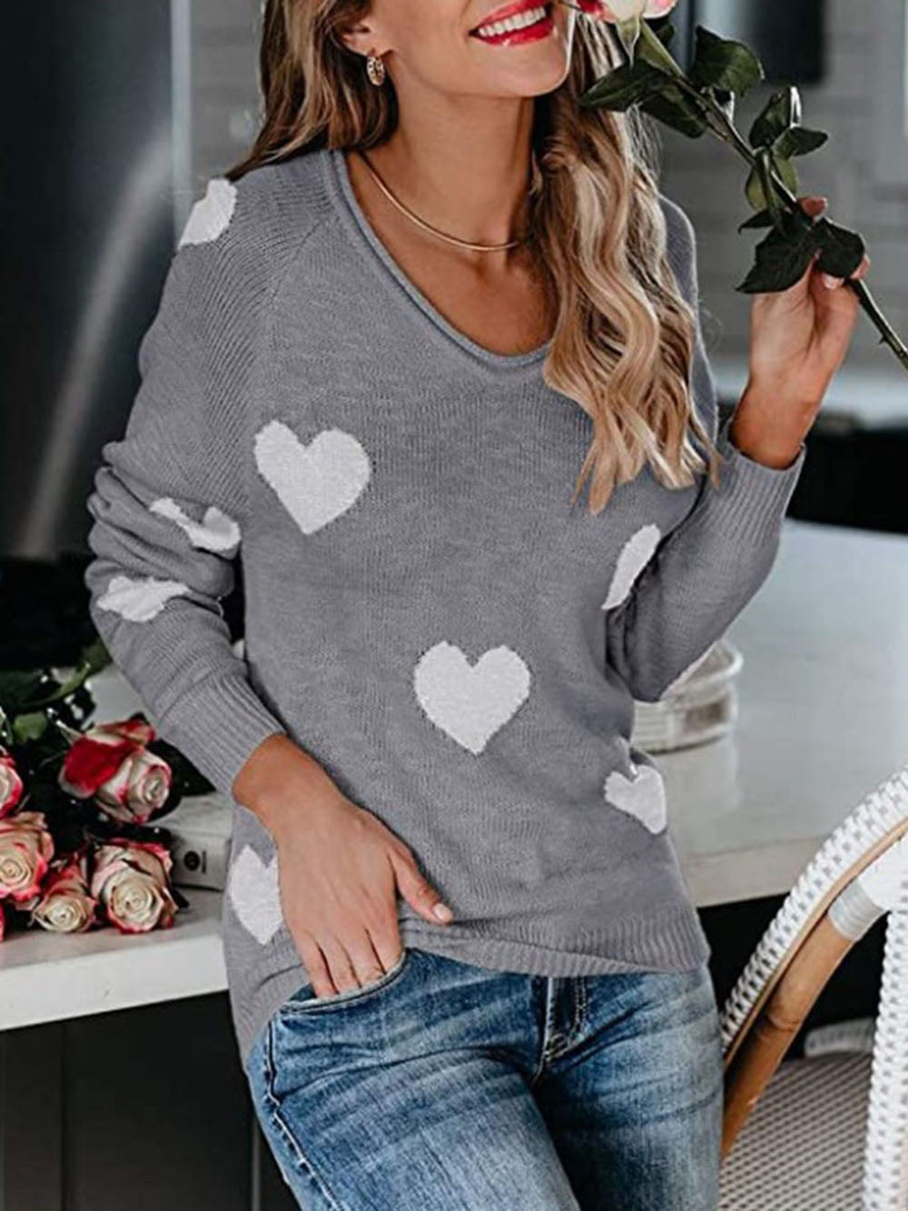 Pull en tricot à col en V pour la Saint-Valentin