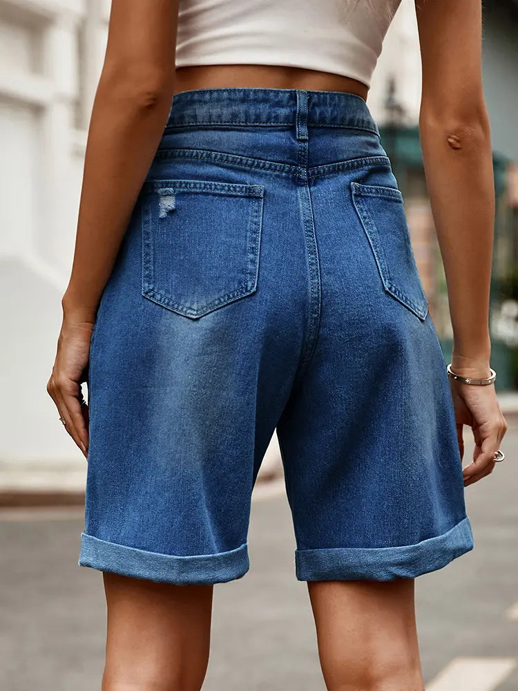 Bermuda en denim à revers vieilli