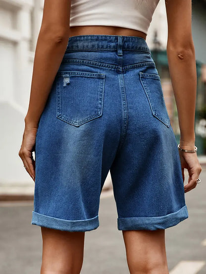 Bermuda en denim à revers vieilli