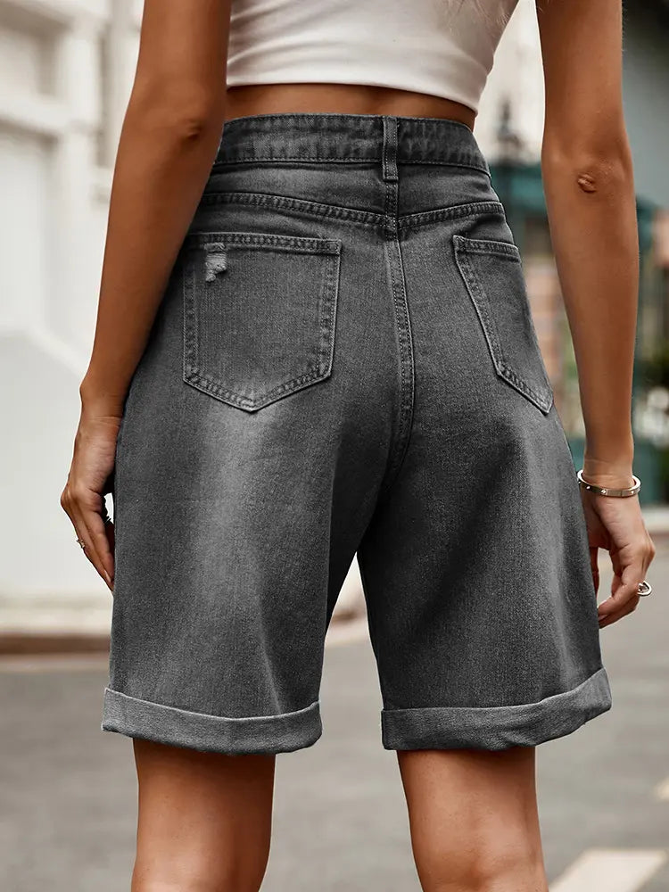 Bermuda en denim à revers vieilli