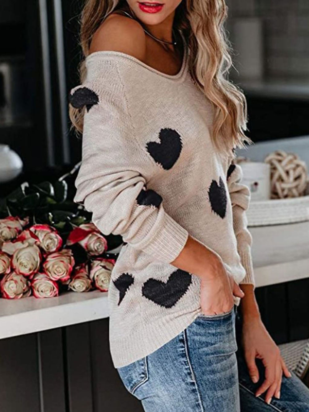 Pull en tricot à col en V pour la Saint-Valentin